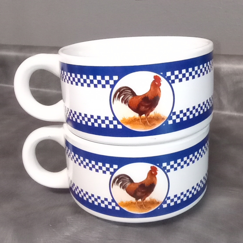 Rooster Ceramic Soup Mugs - Set of 2 Vintage Houston Harvest - Cobalt Blue